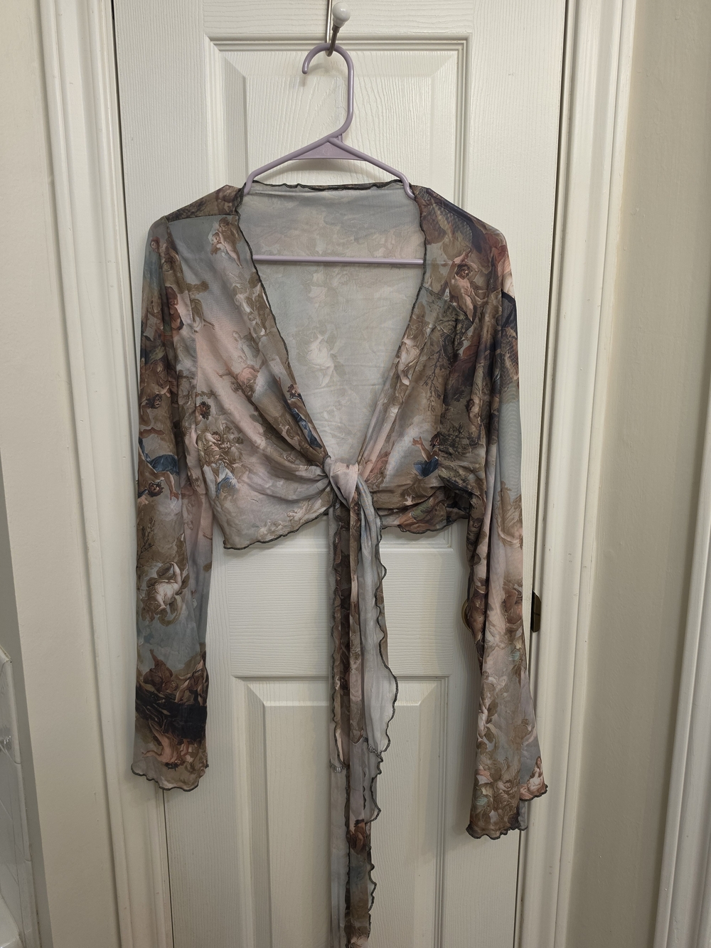 Cider Renaissance / Angel Cherub Print Mesh Tie-Front Long Sleeve Crop
